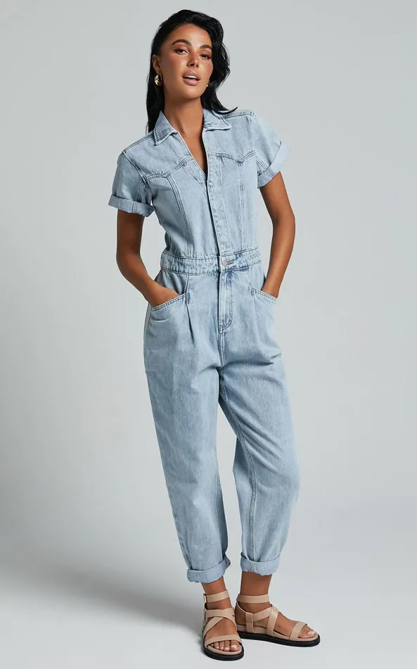 Showpo Jordyn Jumpsuit 8211 Short Sleeve Collared Button Through Denim Jumpsuit In Light Blue Women Denim