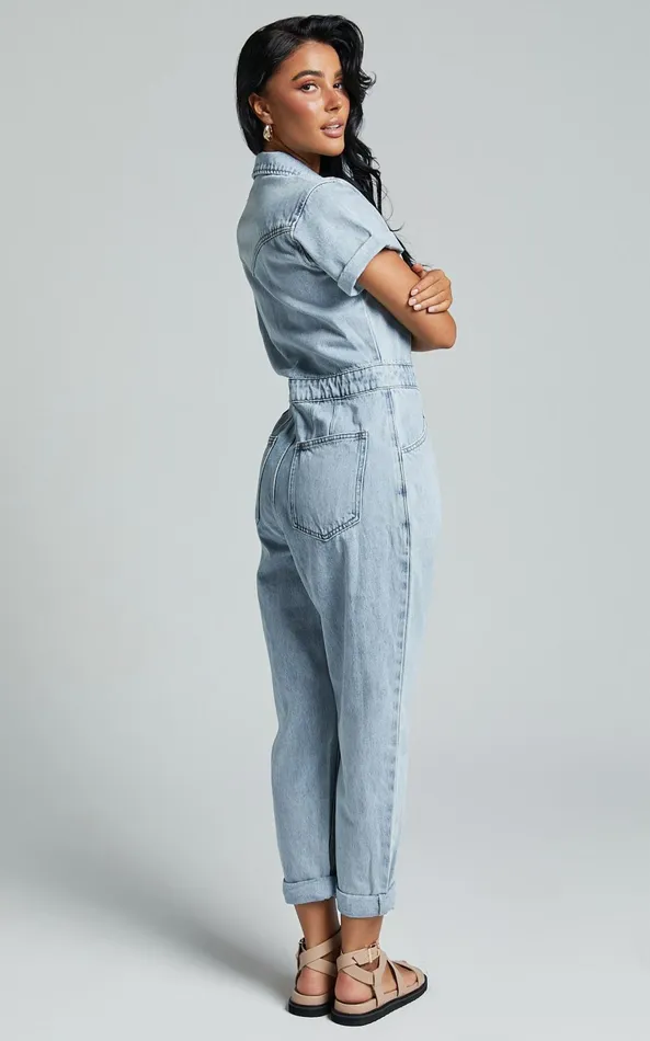 Showpo Jordyn Jumpsuit 8211 Short Sleeve Collared Button Through Denim Jumpsuit In Light Blue Women Denim