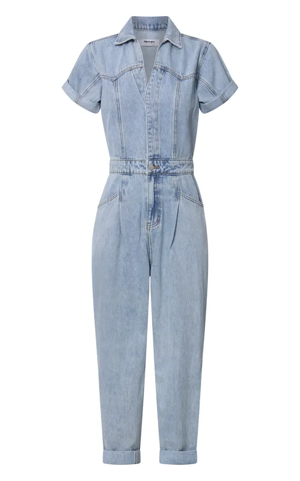 Showpo Jordyn Jumpsuit 8211 Short Sleeve Collared Button Through Denim Jumpsuit In Light Blue Women Denim
