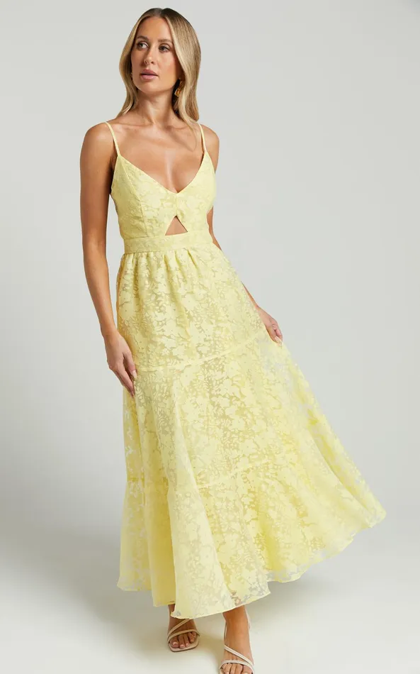 Showpo Jorie Midi Dress 8211 Strappy Front Cut Out Tiered Skirt In Pastel Yellow Women Curve Clothes