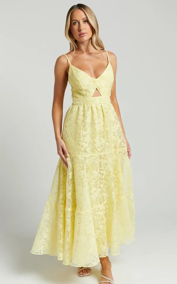Showpo Jorie Midi Dress 8211 Strappy Front Cut Out Tiered Skirt In Pastel Yellow Women Curve Clothes