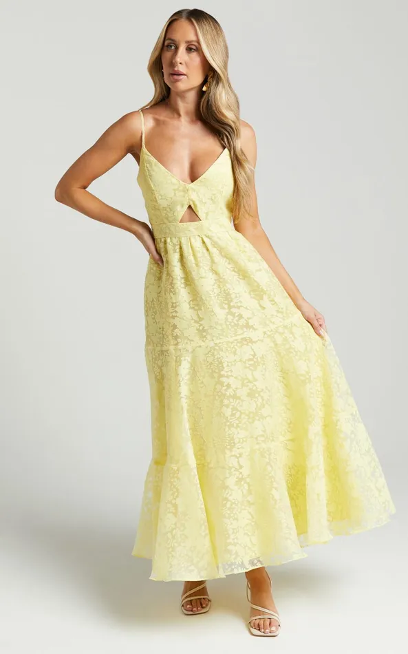 Showpo Jorie Midi Dress 8211 Strappy Front Cut Out Tiered Skirt In Pastel Yellow Women Curve Clothes