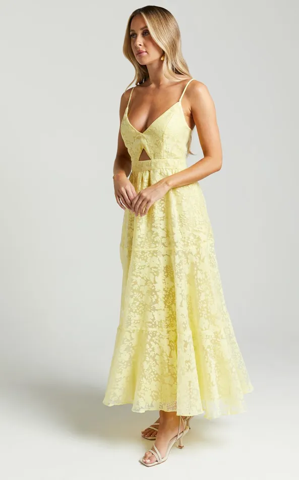 Showpo Jorie Midi Dress 8211 Strappy Front Cut Out Tiered Skirt In Pastel Yellow Women Curve Clothes
