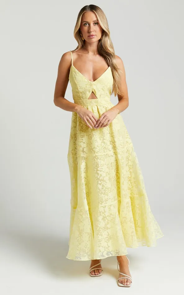 Showpo Jorie Midi Dress 8211 Strappy Front Cut Out Tiered Skirt In Pastel Yellow Women Curve Clothes