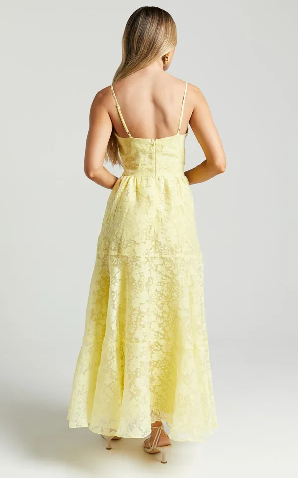 Showpo Jorie Midi Dress 8211 Strappy Front Cut Out Tiered Skirt In Pastel Yellow Women Curve Clothes
