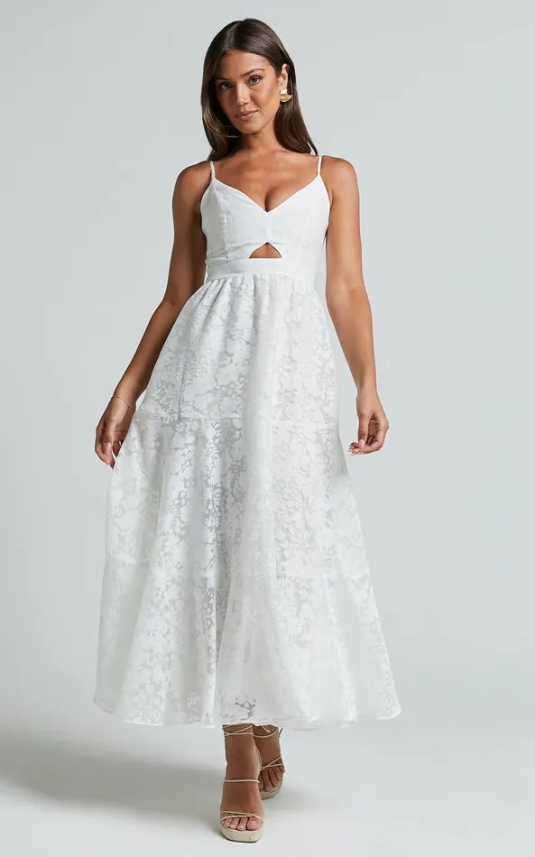 Showpo Jorie Midi Dress 8211 Strappy Front Cut Out Tiered Skirt In White Women Dresses