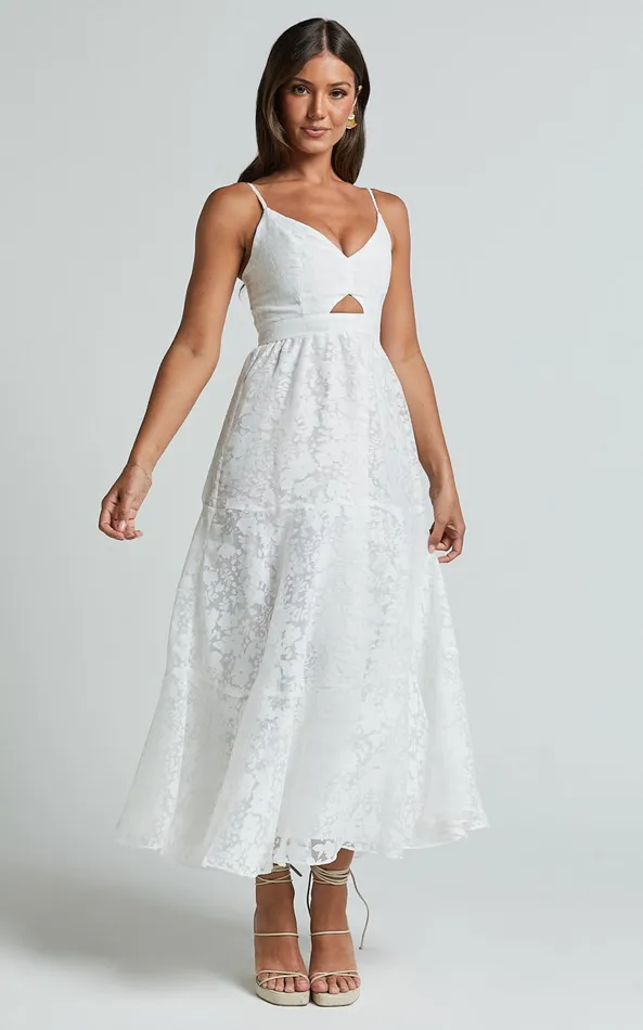 Showpo Jorie Midi Dress 8211 Strappy Front Cut Out Tiered Skirt In White Women Dresses