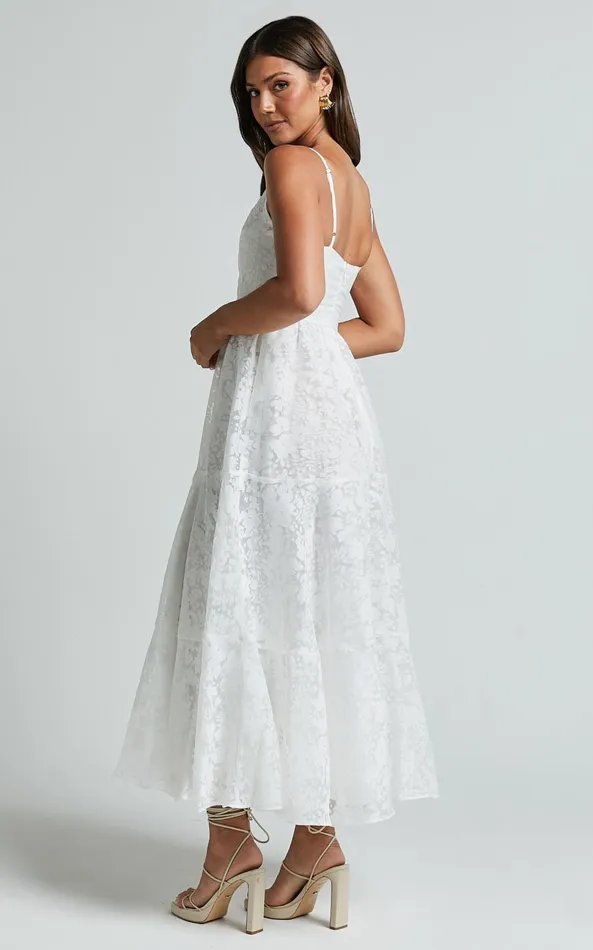 Showpo Jorie Midi Dress 8211 Strappy Front Cut Out Tiered Skirt In White Women Dresses