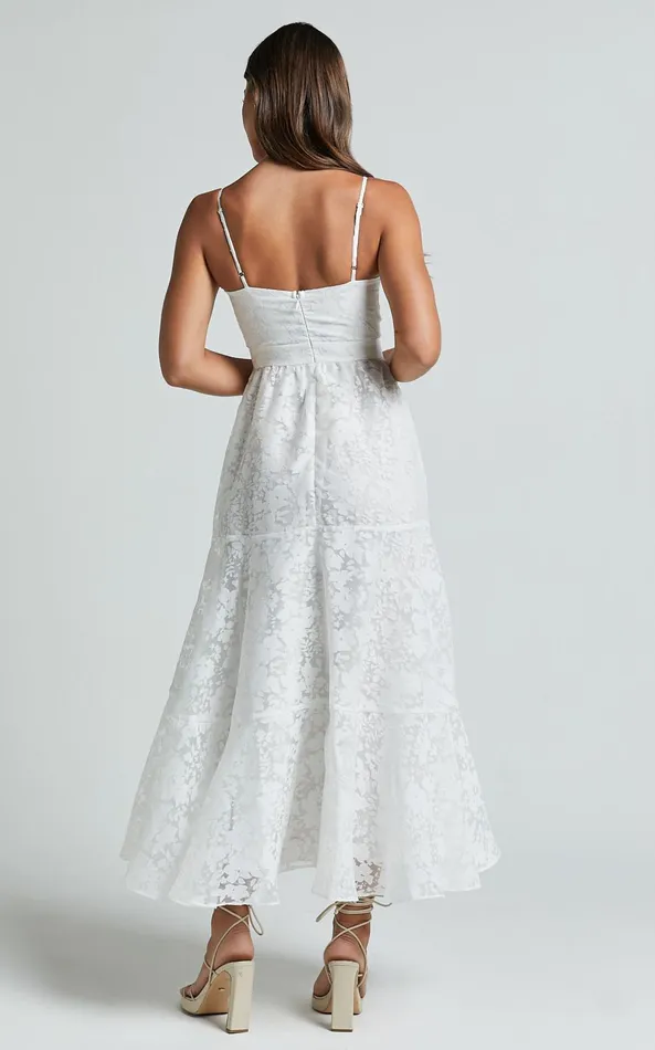 Showpo Jorie Midi Dress 8211 Strappy Front Cut Out Tiered Skirt In White Women Dresses