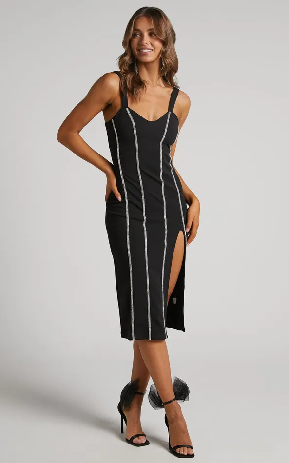 Showpo Josana Midi Dress 8211 Diamante Trim Panelled Thigh Split Dress In Black Women Dresses Showpo Josana Midi Dress 8211 Diamante Trim Panelled Thigh Split Dress In Black Women Dresses