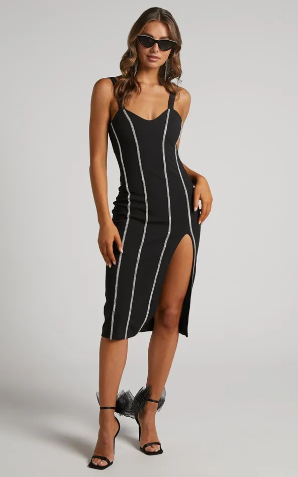 Showpo Josana Midi Dress 8211 Diamante Trim Panelled Thigh Split Dress In Black Women Dresses