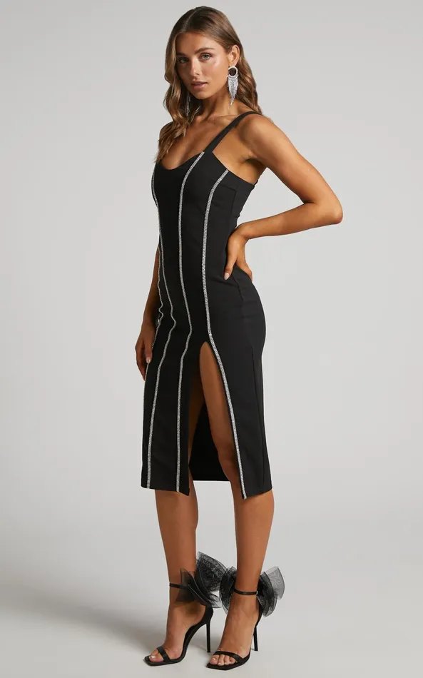 Showpo Josana Midi Dress 8211 Diamante Trim Panelled Thigh Split Dress In Black Women Dresses