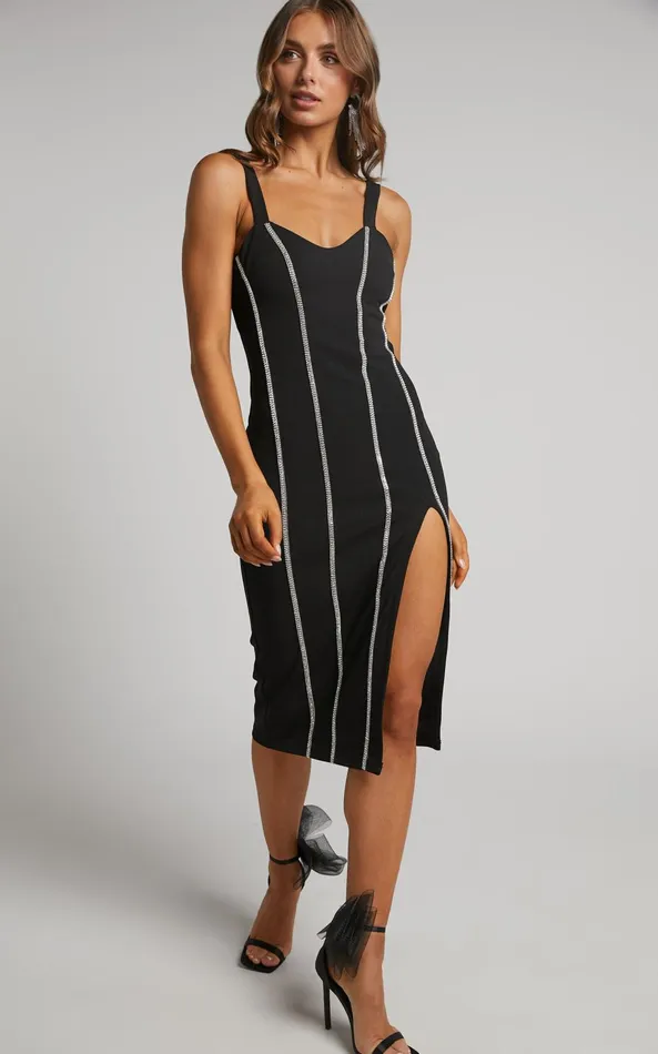 Showpo Josana Midi Dress 8211 Diamante Trim Panelled Thigh Split Dress In Black Women Dresses