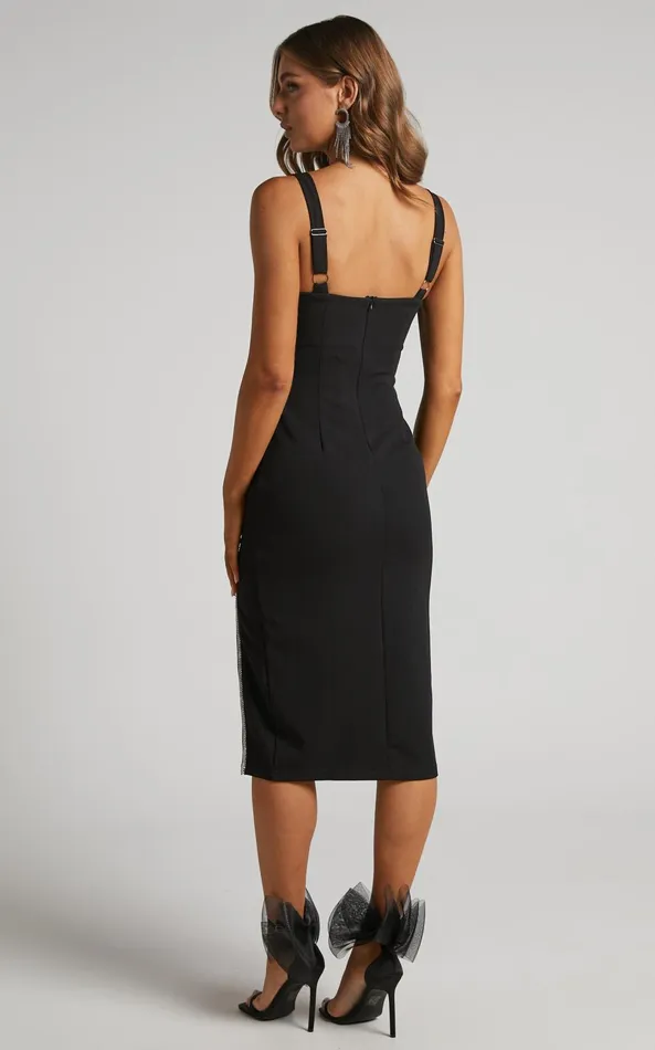 Showpo Josana Midi Dress 8211 Diamante Trim Panelled Thigh Split Dress In Black Women Dresses