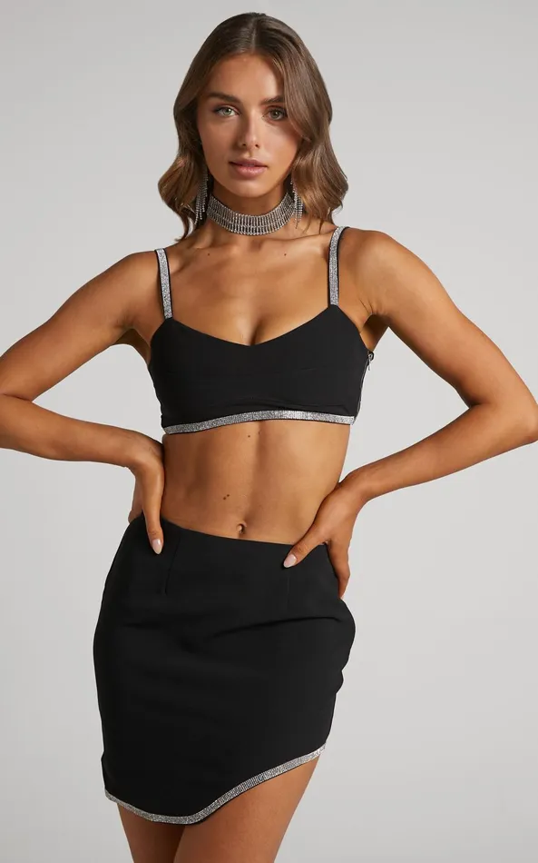 Showpo Josana Top 8211 Diamante Trim Panelled Crop Top In Black Women Curve Clothes