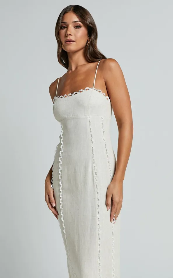 Showpo Josella Midi Dress 8211 Strappy Linen Look Column Dress In Beige Women Dresses