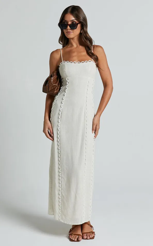 Showpo Josella Midi Dress 8211 Strappy Linen Look Column Dress In Beige Women Dresses
