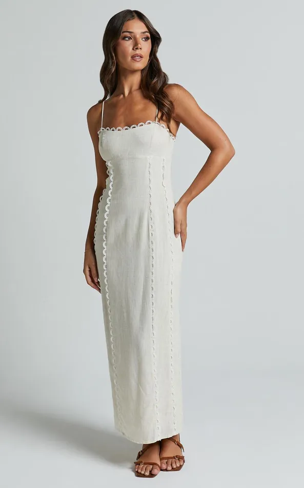 Showpo Josella Midi Dress 8211 Strappy Linen Look Column Dress In Beige Women Dresses