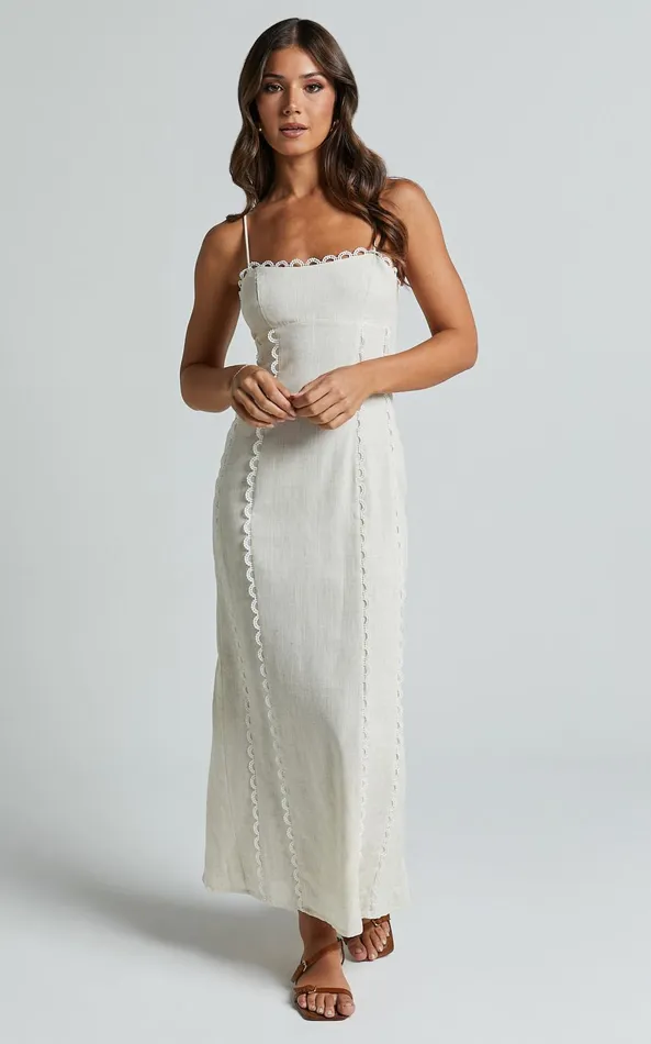 Showpo Josella Midi Dress 8211 Strappy Linen Look Column Dress In Beige Women Dresses
