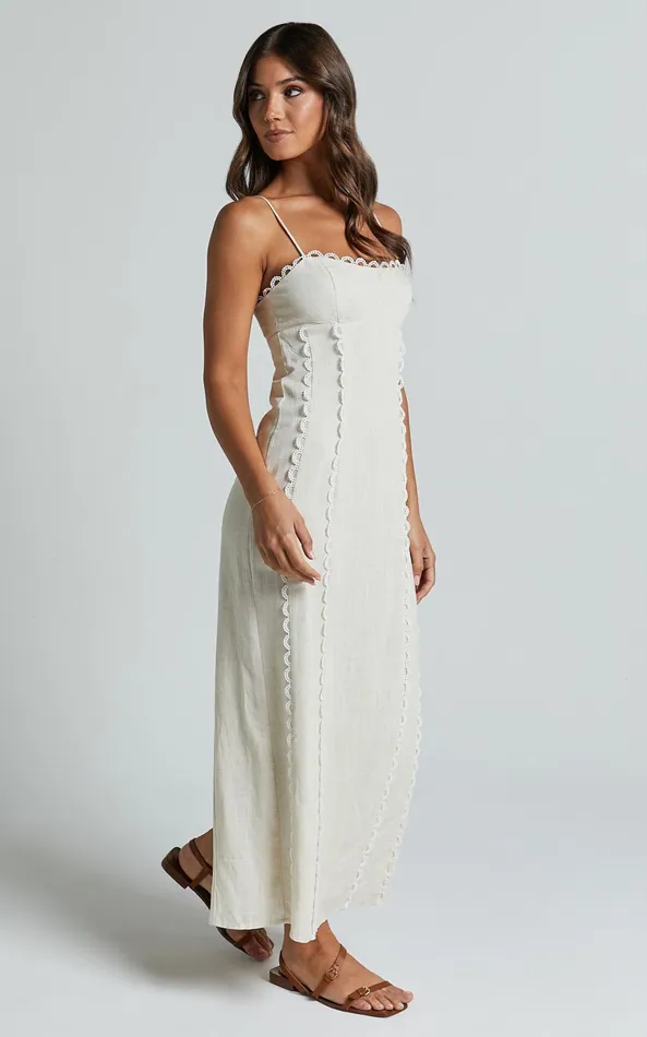 Showpo Josella Midi Dress 8211 Strappy Linen Look Column Dress In Beige Women Dresses