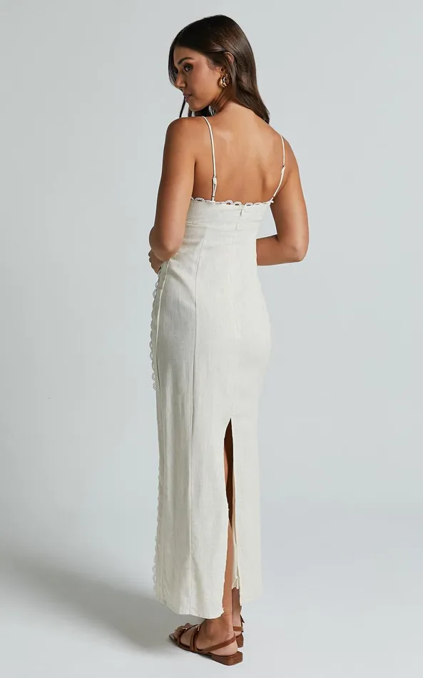Showpo Josella Midi Dress 8211 Strappy Linen Look Column Dress In Beige Women Dresses