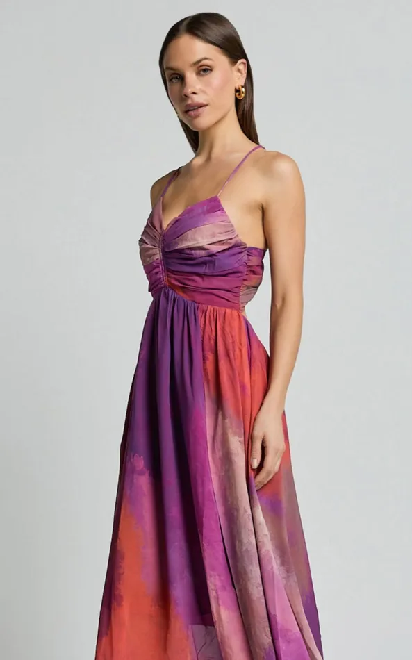 Showpo Josephine Midi Dress 8211 Recycled Polyester Strappy Cross Tie Back Dress In Coral Mirage Print Women Dresses