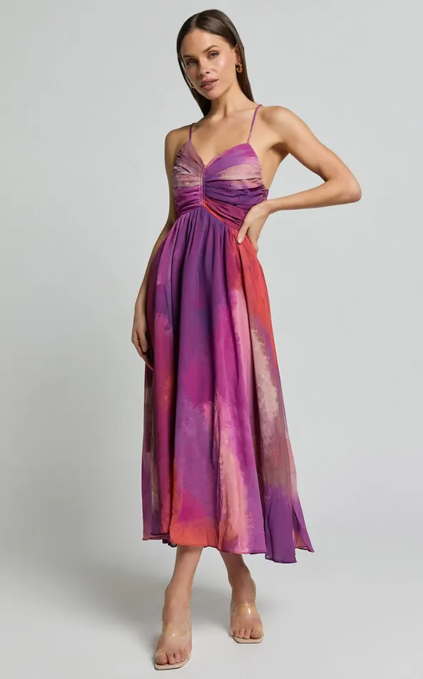 Showpo Josephine Midi Dress 8211 Recycled Polyester Strappy Cross Tie Back Dress In Coral Mirage Print Women Dresses
