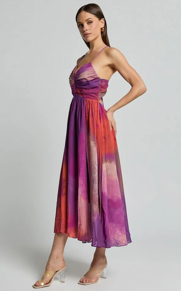 Showpo Josephine Midi Dress 8211 Recycled Polyester Strappy Cross Tie Back Dress In Coral Mirage Print Women Dresses