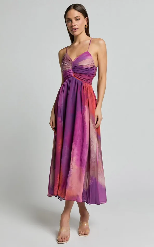 Showpo Josephine Midi Dress 8211 Recycled Polyester Strappy Cross Tie Back Dress In Coral Mirage Print Women Dresses