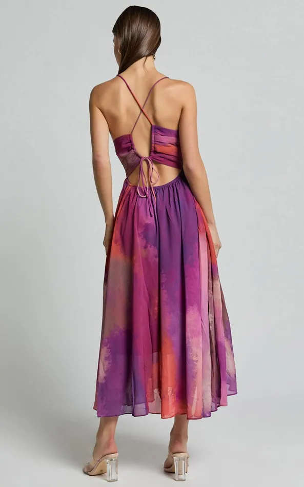 Showpo Josephine Midi Dress 8211 Recycled Polyester Strappy Cross Tie Back Dress In Coral Mirage Print Women Dresses