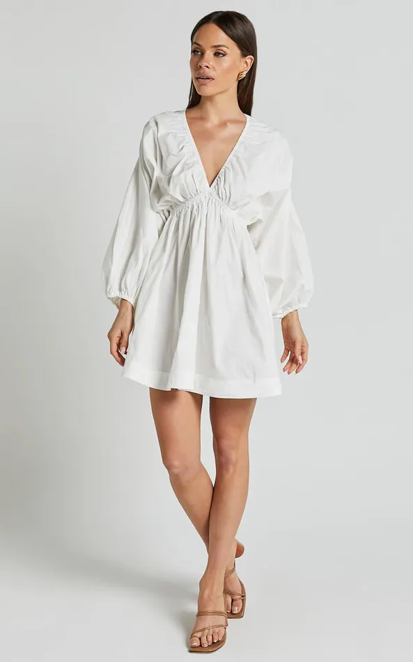 Showpo Josette Mini Dress 8211 Plunge Neck Balloon Sleeve Smock Dress In Off White Women Dresses