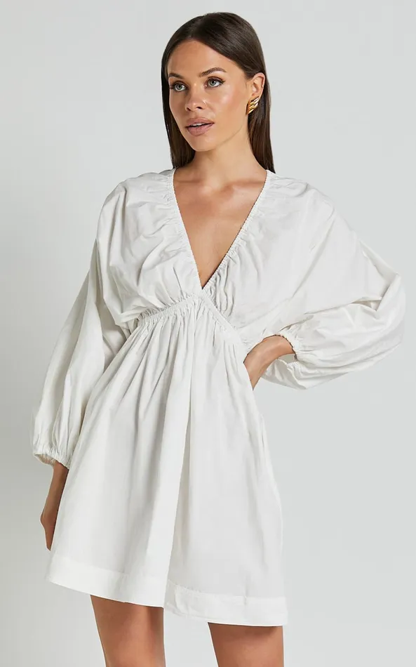 Showpo Josette Mini Dress 8211 Plunge Neck Balloon Sleeve Smock Dress In Off White Women Dresses