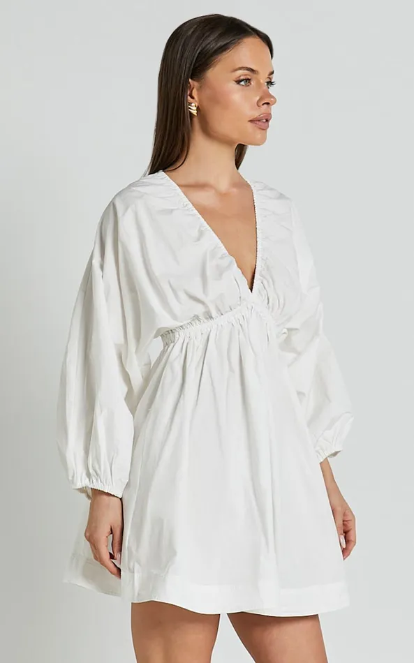 Showpo Josette Mini Dress 8211 Plunge Neck Balloon Sleeve Smock Dress In Off White Women Dresses