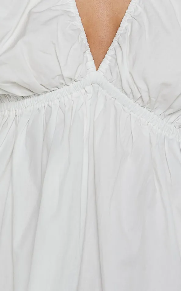 Showpo Josette Mini Dress 8211 Plunge Neck Balloon Sleeve Smock Dress In Off White Women Dresses