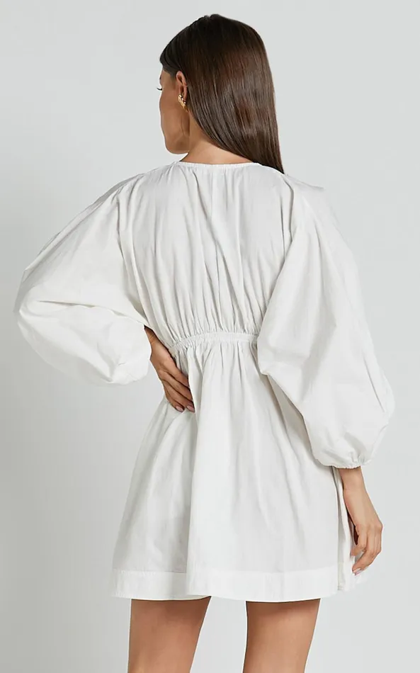 Showpo Josette Mini Dress 8211 Plunge Neck Balloon Sleeve Smock Dress In Off White Women Dresses