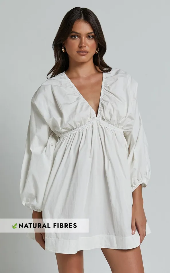 Showpo Josette Mini Dress 8211 Plunge Neck Balloon Sleeve Smock Dress In Off White Women Dresses