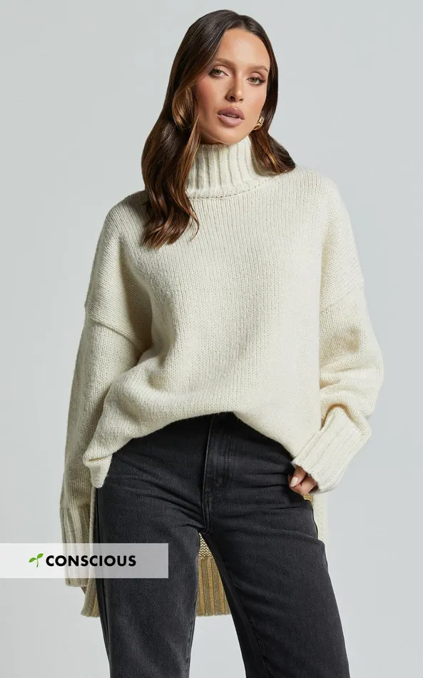 Showpo Josie Jumper 8211 Oversized Turtle Neck Recycled Knitted Jumper In Cream Women Knitwear Showpo Josie Jumper 8211 Oversized Turtle Neck Recycled Knitted Jumper In Cream Women Knitwear