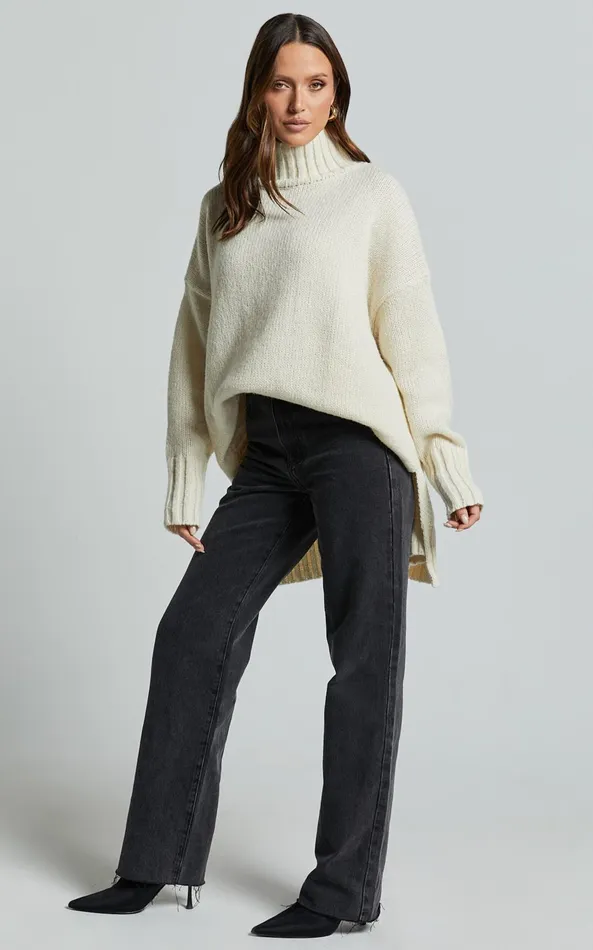 Showpo Josie Jumper 8211 Oversized Turtle Neck Recycled Knitted Jumper In Cream Women Knitwear