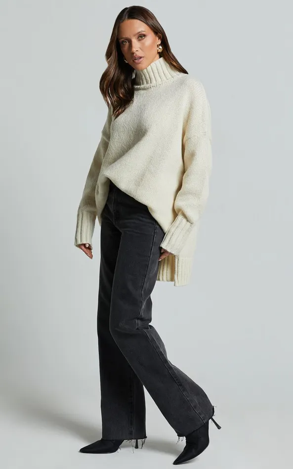 Showpo Josie Jumper 8211 Oversized Turtle Neck Recycled Knitted Jumper In Cream Women Knitwear
