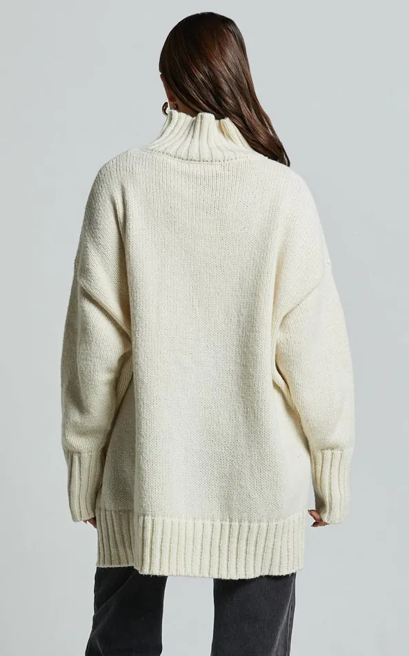 Showpo Josie Jumper 8211 Oversized Turtle Neck Recycled Knitted Jumper In Cream Women Knitwear