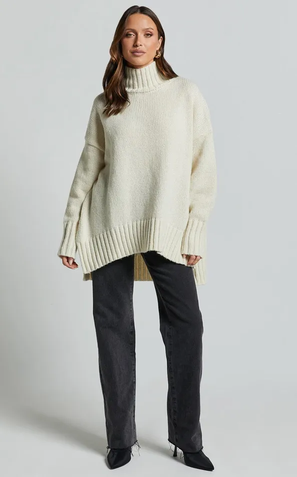 Showpo Josie Jumper 8211 Oversized Turtle Neck Recycled Knitted Jumper In Cream Women Knitwear