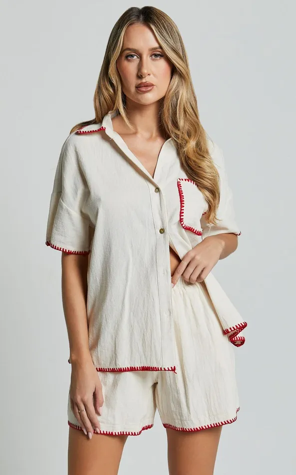 Showpo Josie Shirt 8211 Linen Look Red Trim Pocket Detail Button Up Shirt In Cream and Red Print Women Tops