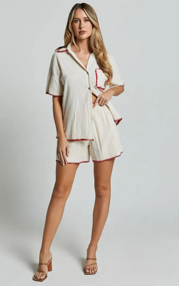 Showpo Josie Shirt 8211 Linen Look Red Trim Pocket Detail Button Up Shirt In Cream and Red Print Women Tops