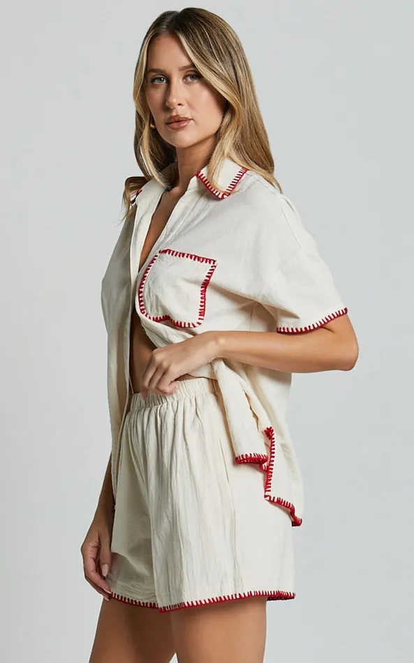 Showpo Josie Shirt 8211 Linen Look Red Trim Pocket Detail Button Up Shirt In Cream and Red Print Women Tops