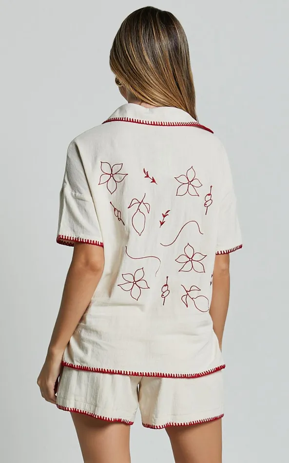 Showpo Josie Shirt 8211 Linen Look Red Trim Pocket Detail Button Up Shirt In Cream and Red Print Women Tops