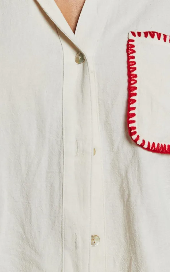 Showpo Josie Shirt 8211 Linen Look Red Trim Pocket Detail Button Up Shirt In Cream and Red Print Women Tops