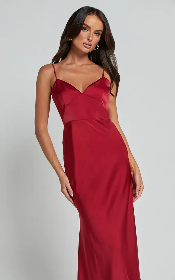 Showpo Jovana Midi Dress 8211 Bust Panel Detail Satin Slip Dress In Wine Women Dresses