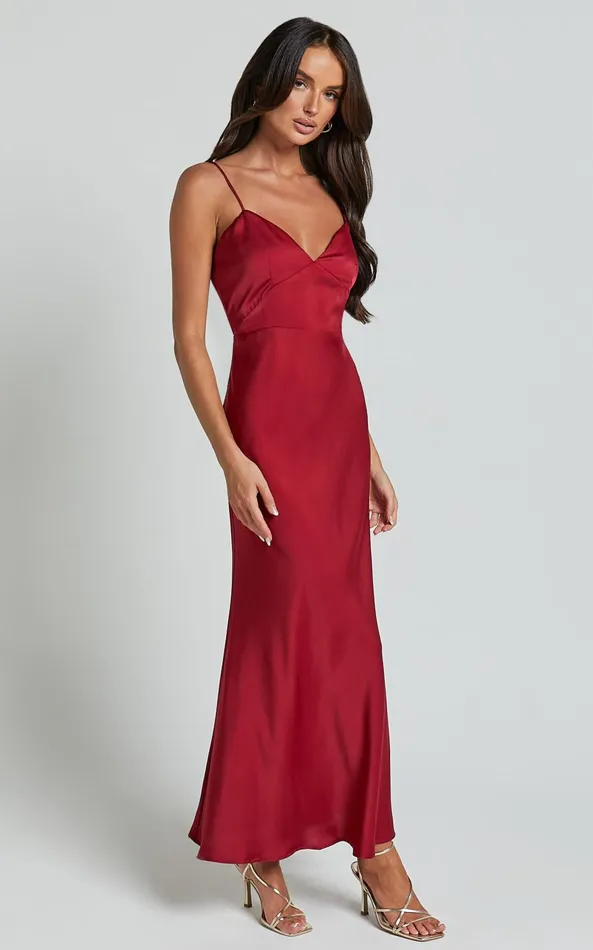 Showpo Jovana Midi Dress 8211 Bust Panel Detail Satin Slip Dress In Wine Women Dresses