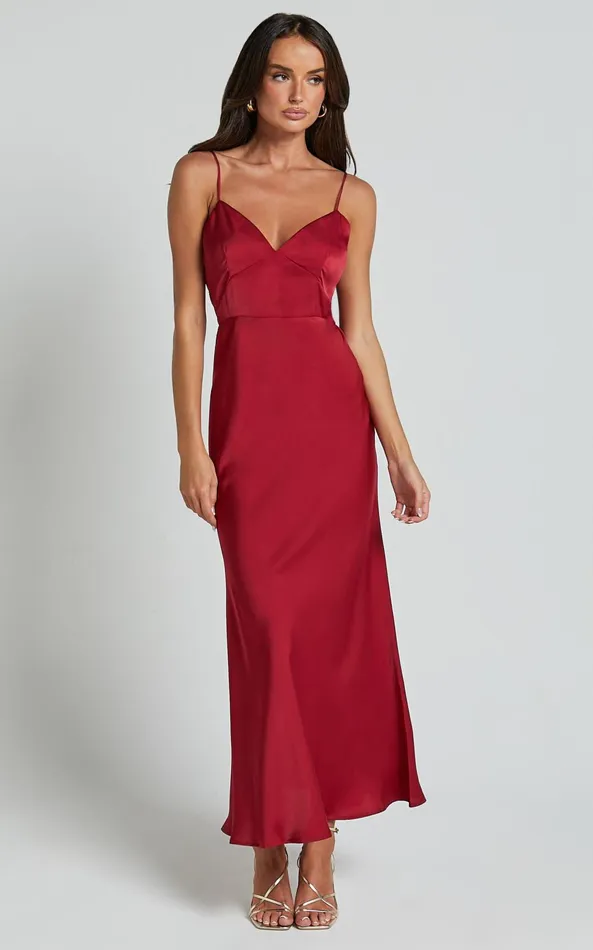 Showpo Jovana Midi Dress 8211 Bust Panel Detail Satin Slip Dress In Wine Women Dresses