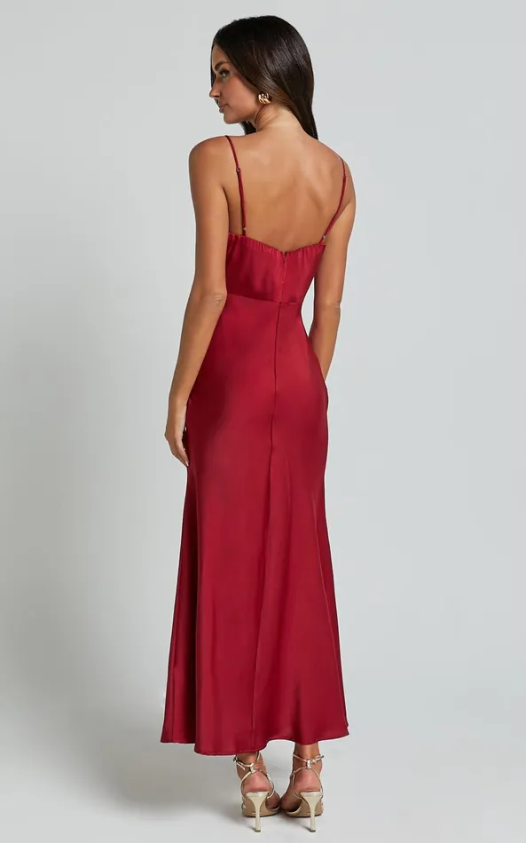 Showpo Jovana Midi Dress 8211 Bust Panel Detail Satin Slip Dress In Wine Women Dresses